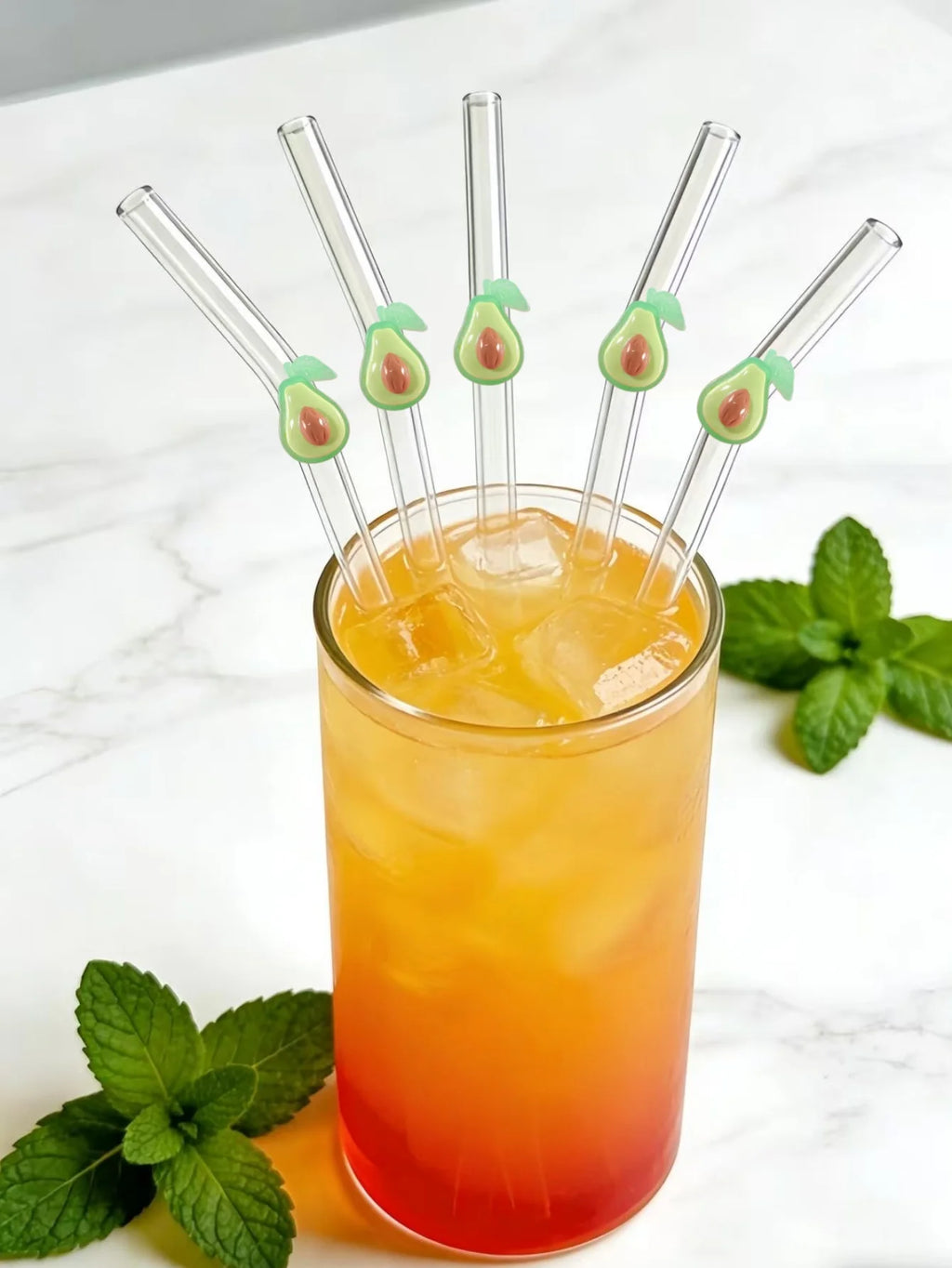 Cute Avocado Glass Straws Set. Reusable, curved, easy clean. Perfect for summer drinks, parties, beach. Great gift for Mom & Dad
