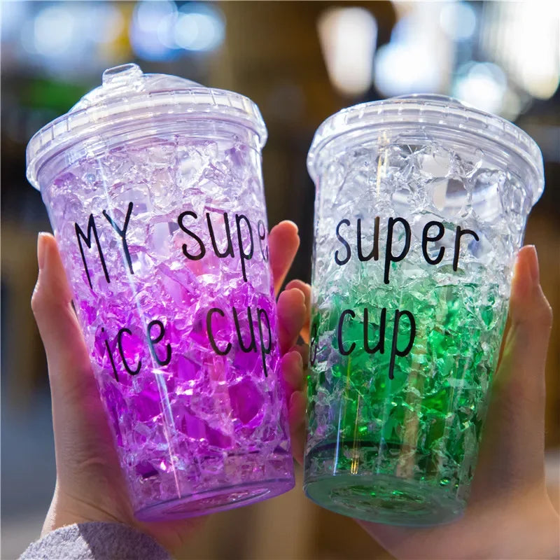 Summer Ice Cream Water Bottle With Straw Lid Double-layer Plastic Tumbler Portable Leakproof Outdoor Water Bottle BPA Free