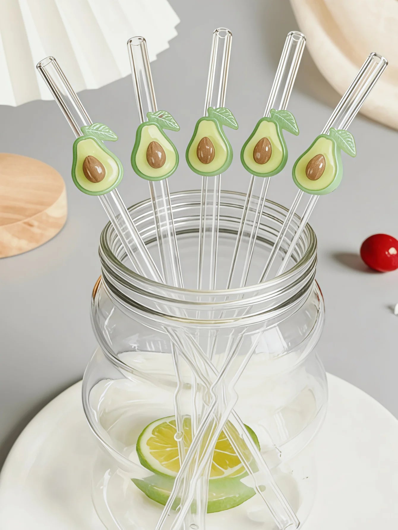 Cute Avocado Glass Straws Set. Reusable, curved, easy clean. Perfect for summer drinks, parties, beach. Great gift for Mom & Dad