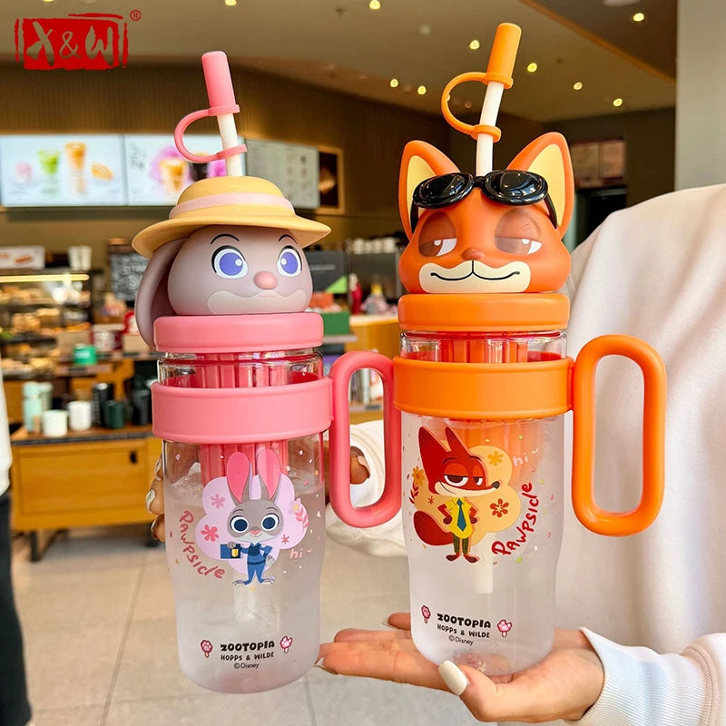 X&W 1050ML Cute Judy nick Water Bottle with Straw and Infuser Leak Proof Lid Portable Travel Car Cup Outdoor Sport Tumbler Cup