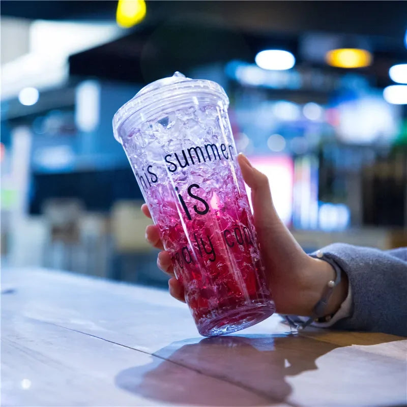 Summer Ice Cream Water Bottle With Straw Lid Double-layer Plastic Tumbler Portable Leakproof Outdoor Water Bottle BPA Free
