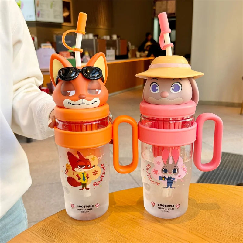 X&W 1050ML Cute Judy nick Water Bottle with Straw and Infuser Leak Proof Lid Portable Travel Car Cup Outdoor Sport Tumbler Cup