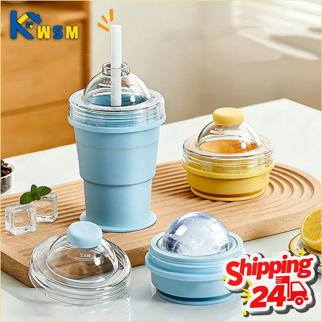 Foldable Silicone Ice Ball Maker Cup Ice Mold for Whiskey Cocktails Large Sphere Easy Release Reusable Freezer Travel Mug
